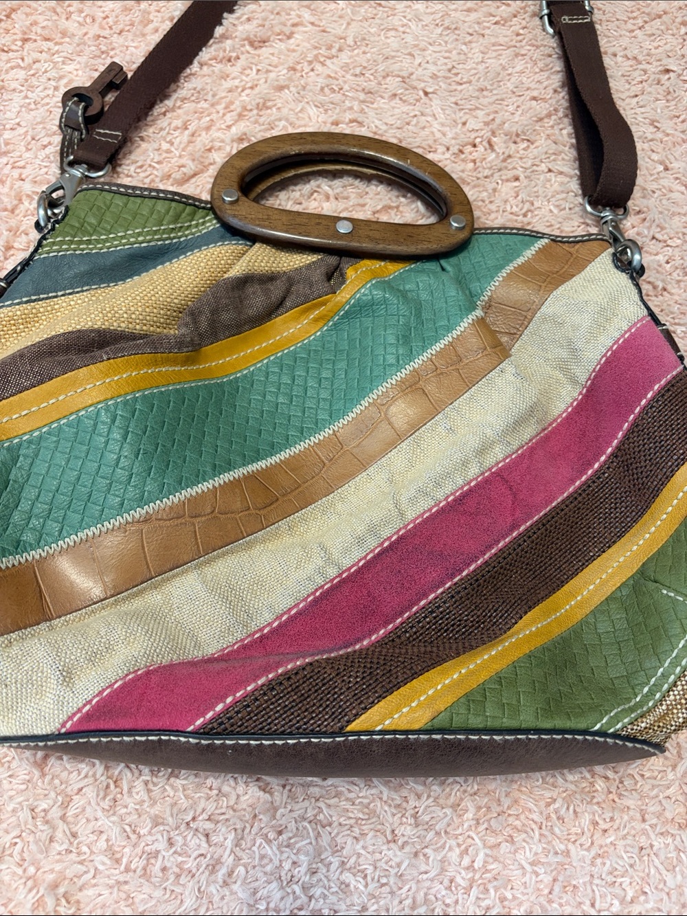 Fossil Kristy II patchwork hobo bag leather, suede, canvas wood handle crossbod - Picture 6 of 17